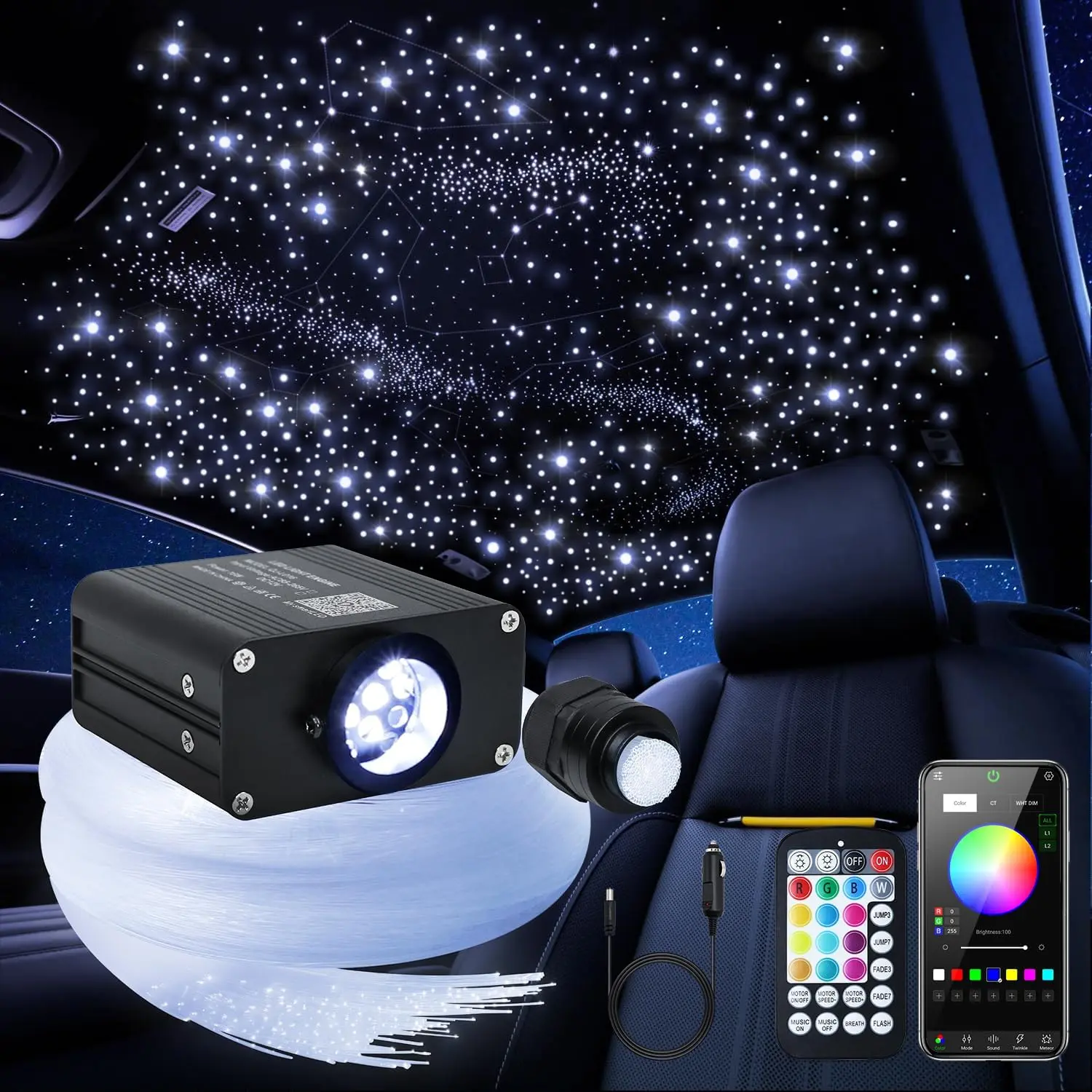 16W   Starlight Headliner Kit, Twinkle & Sound Activate RGBW Fiber Optic Lights with APP & Remote Control,  Lights for Ceiling Decoration, 200 count 9.8ft