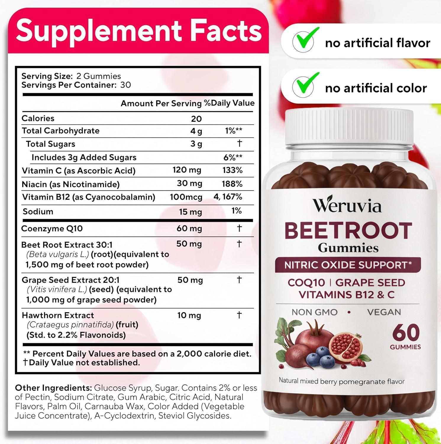 Weruvia Beetroot Gummies – Nitric Oxide Support Supplement with CoQ10, Grape Seed & Vitamins B12 & C – Vegan, Non-GMO – Circulation & Energy Support – Mixed Berry Pomegranate Flavor, 60 Gummies