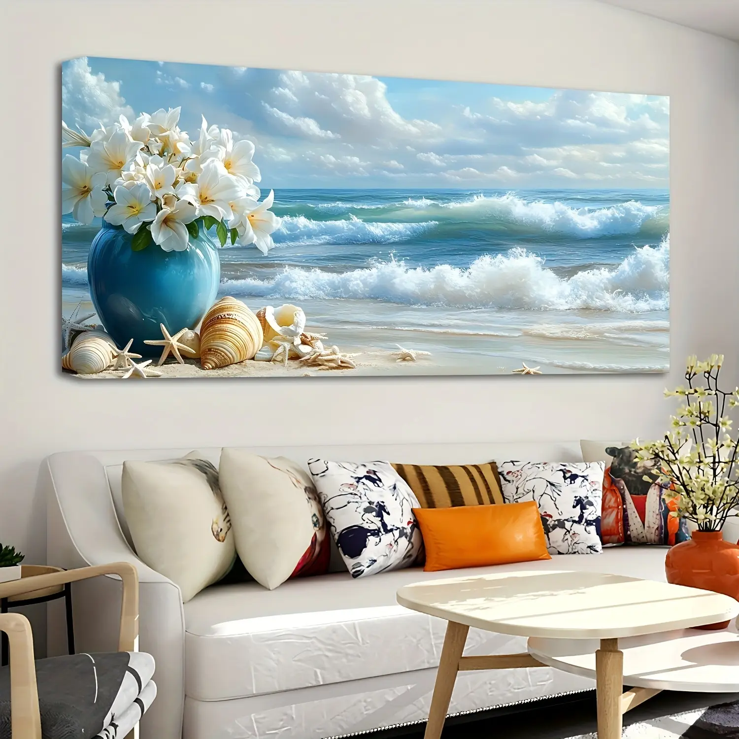 Framed Coastal Ocean Beach Canvas Wall Art - 1-Piece Pine Frame Interior Art, Multi-Size Ocean Floral Print Coastal Home Decor