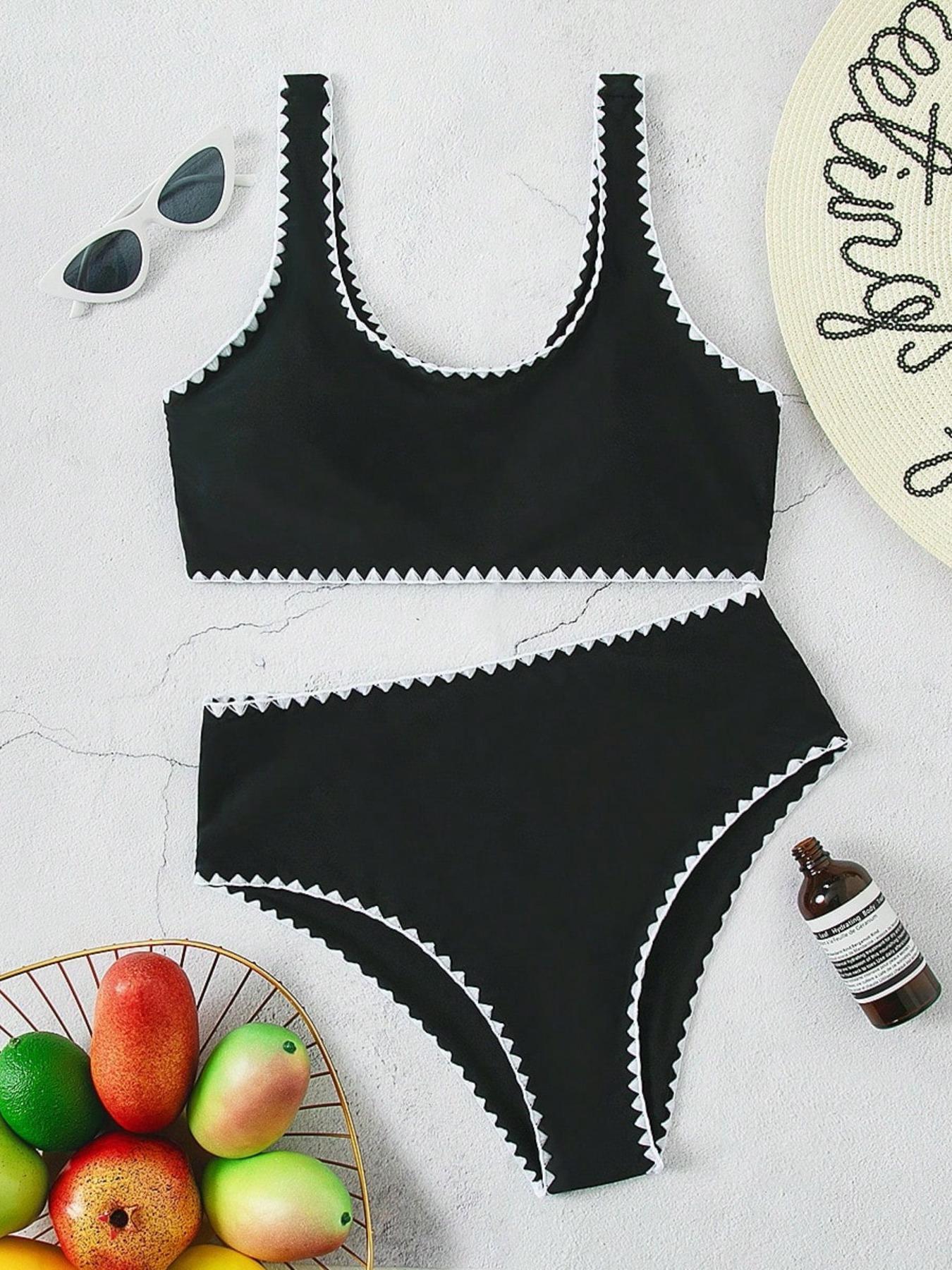 Women's Contrast Binding Bikinis Set, Solid Color U Neck Bikini Top & Swim Thong Swimwear Set, Bathing Suits 2026 for Women, Summer Swimsuit Sets, Ladies Summer Swimsuit for Beach Holiday, Bikini Swimsuits