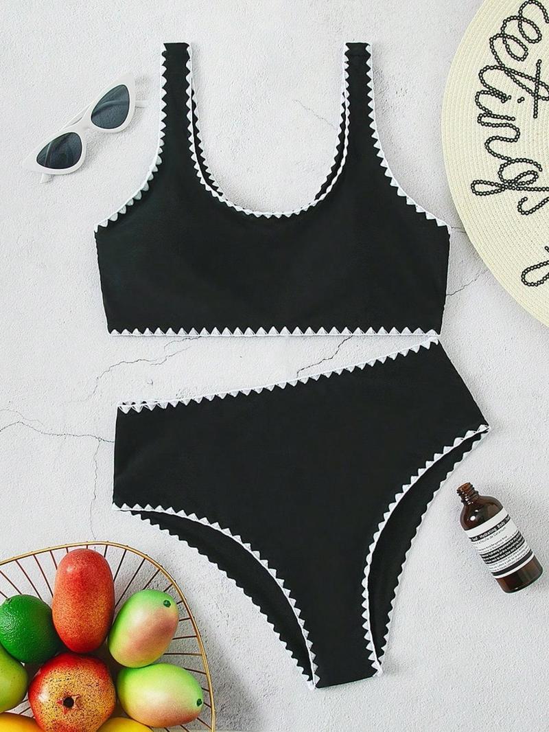 Women's Contrast Binding Bikinis Set, Solid Color U Neck Bikini Top & Swim Thong Swimwear Set, Bathing Suits 2026 for Women, Summer Swimsuit Sets, Ladies Summer Swimsuit for Beach Holiday