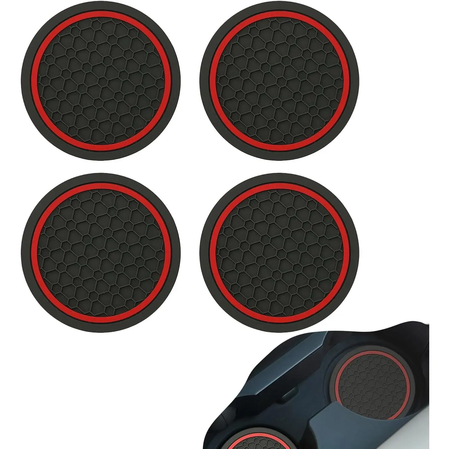 Car Cup Holder Coaster Set - 4-Count PVC Synthetic 2.75" Dia, Non-Slip Mesh Pattern Pads with Embedded Install, Drinks Protection, Fits Most Cars, SUV Automotive Interior Accessories (Black & Red)
