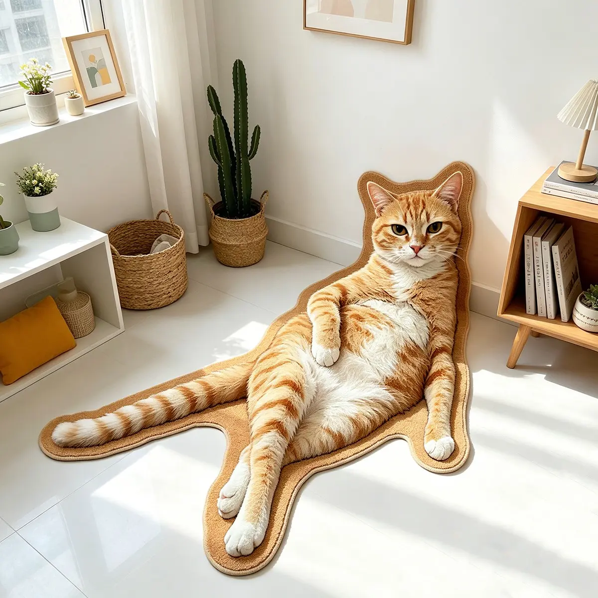 2D Print Long Cat Rug, Style Wooden Color Entryway Mat, Korean Warm Minimalist Bedroom Bedside Carpet, Washable Sofa Side Rug, Indoor Area Rugs