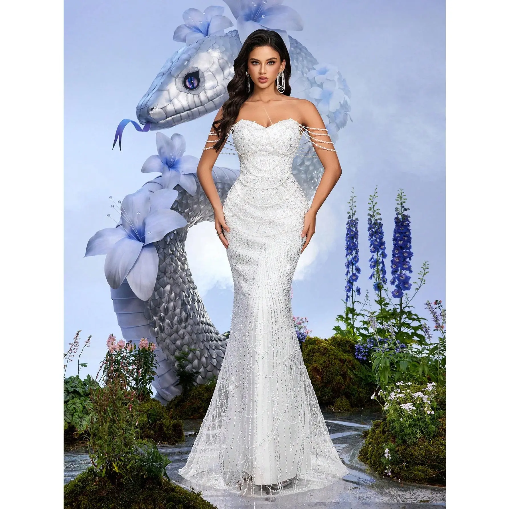 Fairy Temperament Pearl Decoration Formal Dress Women Sequins Evening Gown For Graduation Season Prom, Birthday Party, Galas, Cocktail Party, Concert, Award Ceremony Pure Color One Shoulder Floor Length Dresses