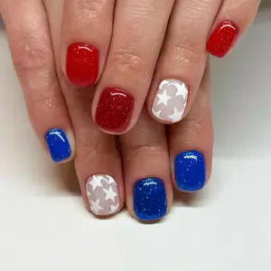4th of July Press on Nails Short Square Fake Nails with Red Blue Glitter Star Desings Independence Day Nails Press ons Full Cover Acrylic Glue on Nails Freedom Patriotic False Nails for Women Girls