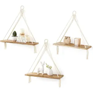 Macrame Hanging Shelves Boho Wall Decor Set of 3 Rustic Wood Floating Storage Shelf for Bedroom Bathroom Living Room Nursery Dorm Room, Display Shelving for Hanging Plants Photos