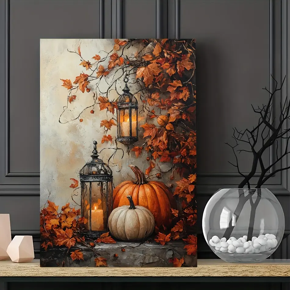 2D canvas art, framed canvas artwork, featuring a 2D design showcasing the autumn harvest theme, including maple leaves, pumpkins, and candles. This wooden framed wall painting is perfect for home decoration in the living room and bedroom, and is also sui