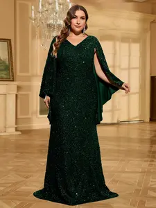 V Neck Cape Sleeves Waist Cinch Bodycon Plain Sequin Maxi Floor-Length Dress, Evening Party Event Gown, All Seasons Wear