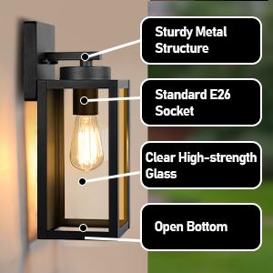 2-Pack Outdoor Wall Light Fixtures, Exterior Waterproof Lanterns, Porch Sconces Wall Mounted Lighting with E26 Sockets & Glass Shades, Modern Matte Black Wall Lamps for Patio Front Door Entryway