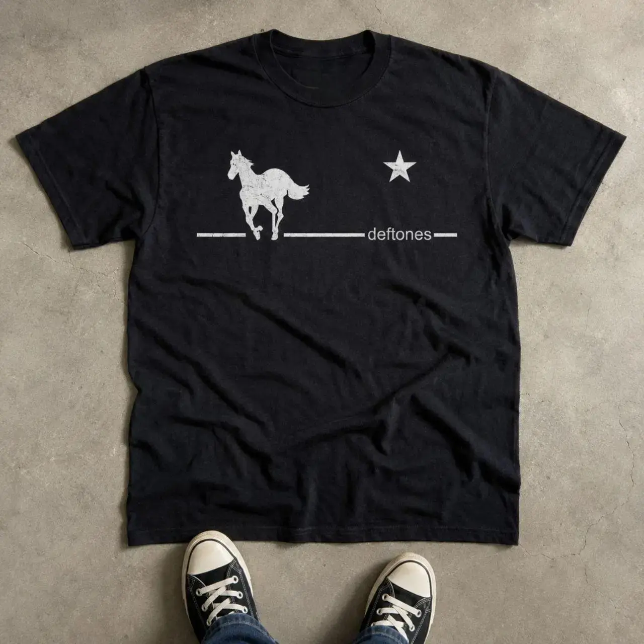 Vintage Deftones Running Horse And Star Crew Neck Tshirt, grunge rock band graphic casual short sleeve, fit for concert, fan meetup & city stroll. Great pick for retro alternative rock band graphic enthusiasts.