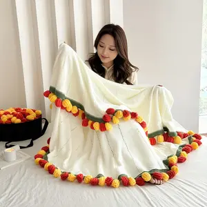 52 roses-handcrafted two-tone red yellow tulip bouquet convertible throw blanket, hand crochet reversible floral bouquet to cozy knit lap blanket, premium milk yarn decor blanket for housewarming & romantic holiday gift for women