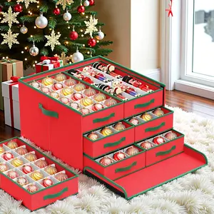 Littleox Christmas Ornaments Storage Box 108 Count-4", 16“Nutcracker & Figurine Box, Adjustable Holiday Ornament Organizer with 6 Separate Trays(Red)