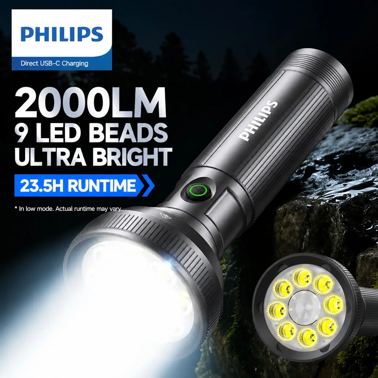 Philips 2000LM Zoomable Rechargeable Flashlight, 29W 8‑LED+White‑Laser Tactical Torch, Stepless Dimming, Type‑C Charging, 3000mAh 21700 Replaceable Battery for Camping Repair Emergency