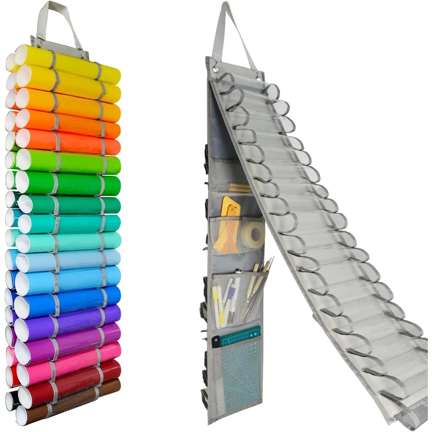 Vinyl Roll Holder - 36 Compartments Vinyl Storage Organizer with 7 Mesh Pockets Storage, Wall Mount/Over The Door Vinyl Roll Storage, with 2 Hooks and 2 Hanging Straps (Grey)
