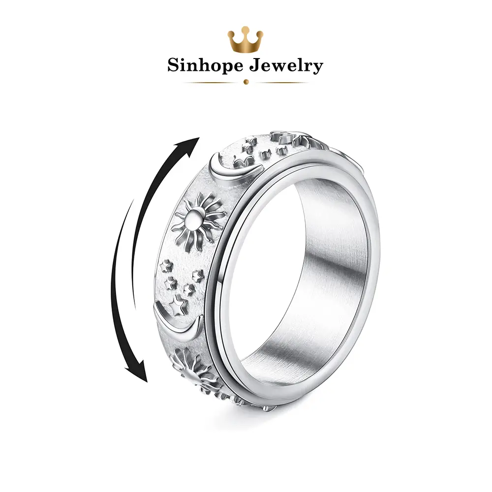 Celestial Moon Star Spinner Ring for Women, Stainless Steel Fidget Ring with Vintage Sun Moon Design, Adjustable Anxiety Relief Ring, Minimalist Trendy Jewelry Gift for Birthday, Anniversary and Everyday Wear