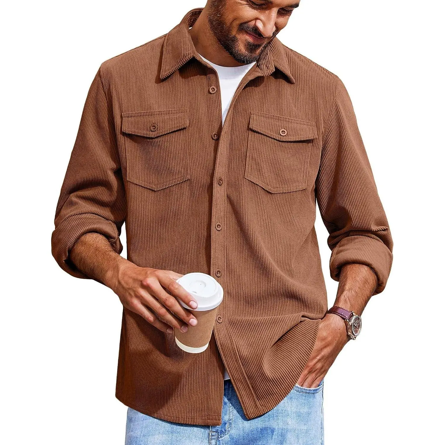 Men's Corduroy Button Down Shirts Jackets Casual Long Sleeve Shacket Lightweight Overshirts with Flap Pockets