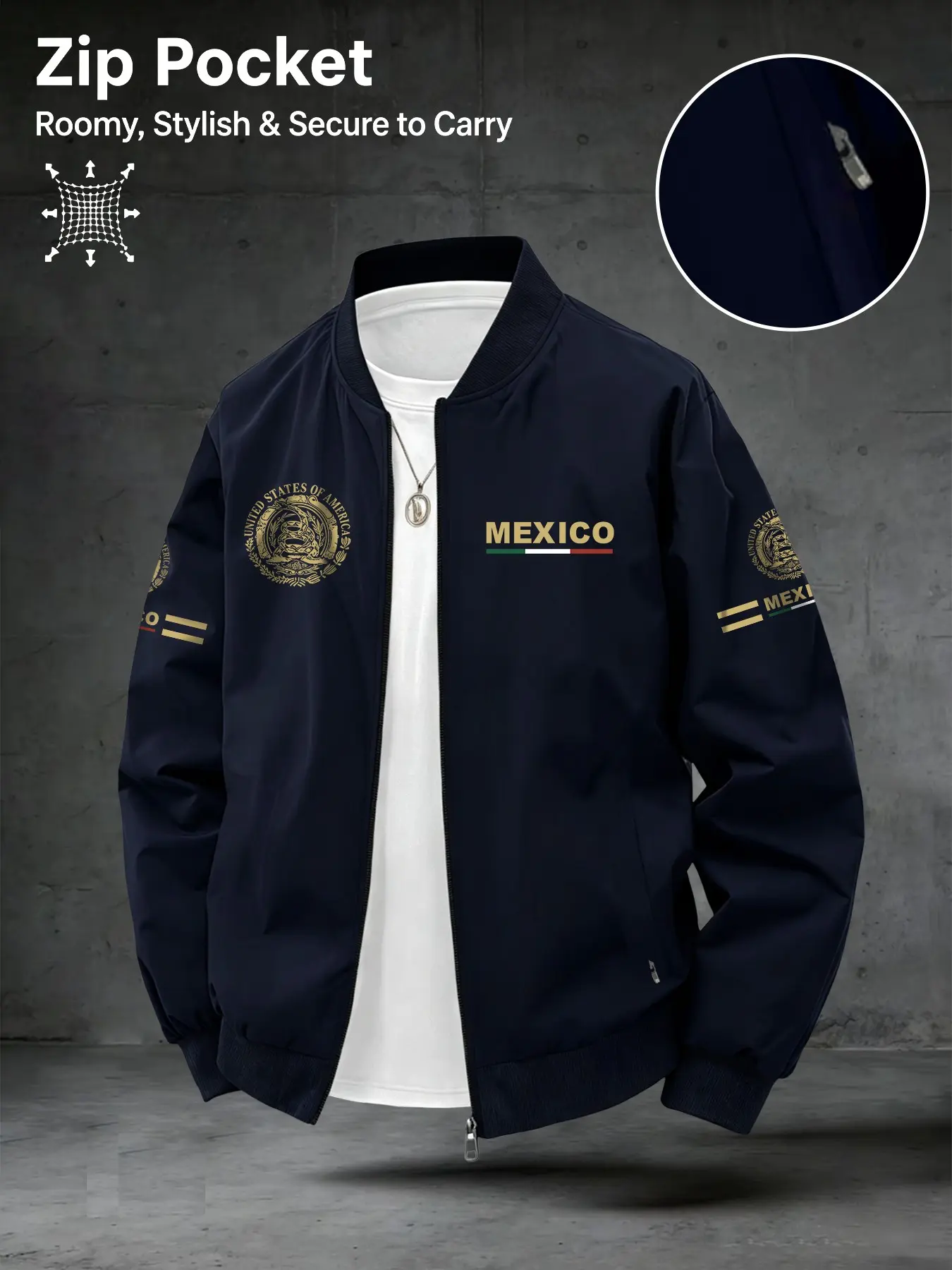 Men's Casual Fitted Outerwear Jacket Coats, Mexico Letter Print, Zip Pocket Design, Ideal Gift for Boyfriend or Father