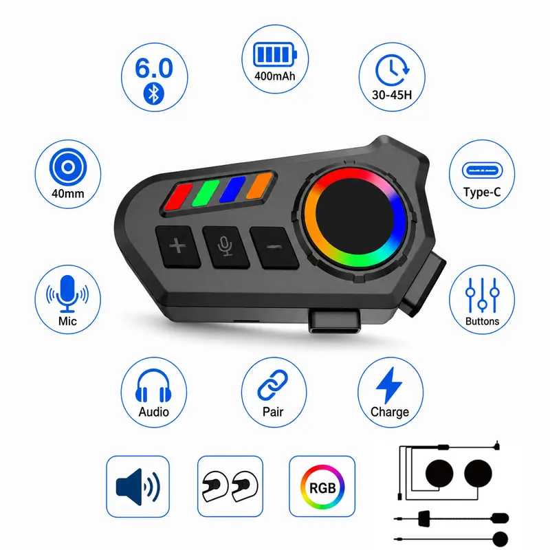 Smart Helmet Bluetooth Headphone, Wind Noise Cancelling, Support Phone Call, GPS Navigation & FM Radio, RGB Custom LED Light, Oversized Buttons, Motorcycle Cycling Ski Helmet Communication Headset, Holiday Present for Riders, Motorcycle Accessory