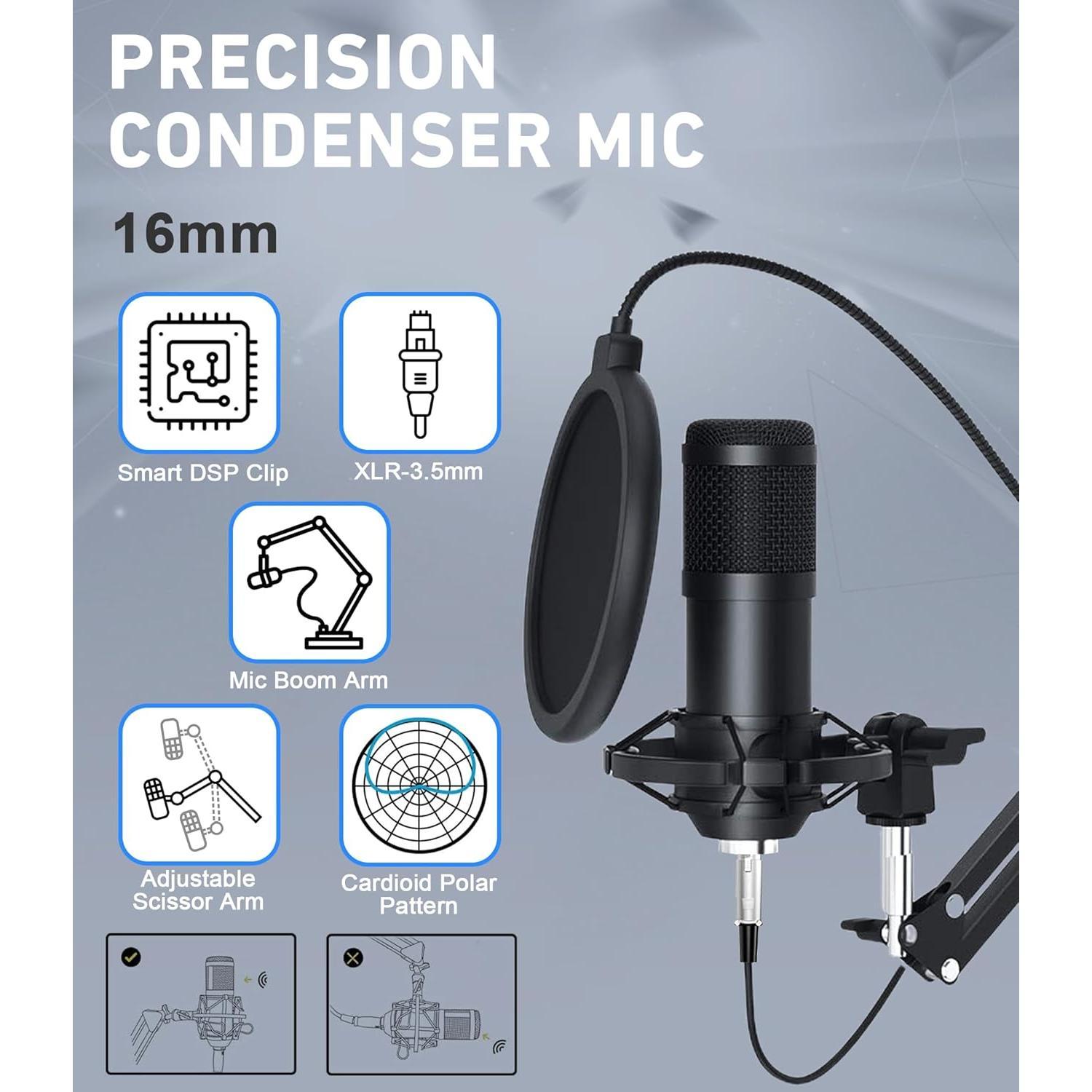 Podcast Equipment Bundle for 2 with Audio Interface, Studio Condenser Podcast Microphone, Microphone Mixer & Voice Changer, -in-One Podcast Bundle for Recording, Streaming, Singing & Gaming