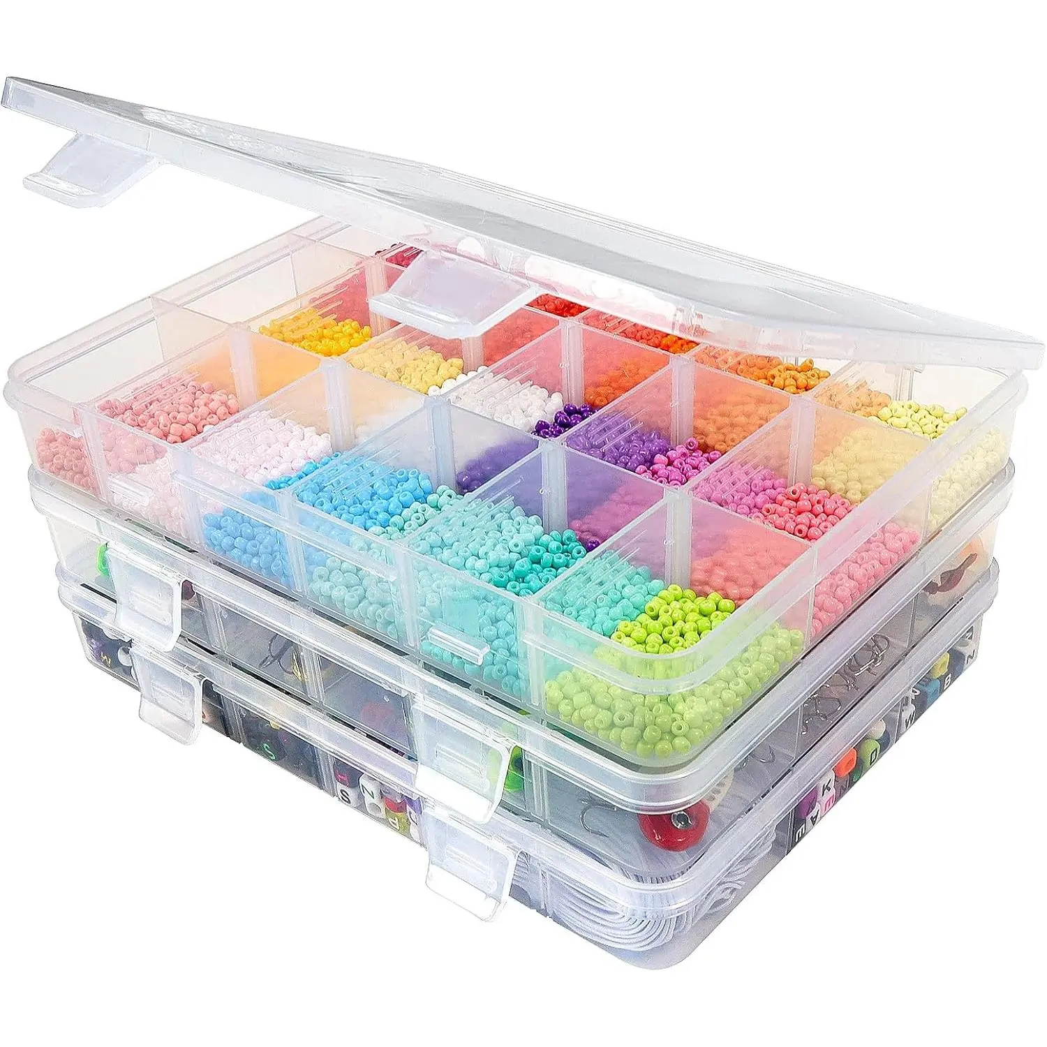 3-Pack 18-Grid Clear Plastic Beads Organizer Box 7.9x5.8 | Multi compartment container case with adjustable dividers for small crafts, , fishing tackle,  charm stickers