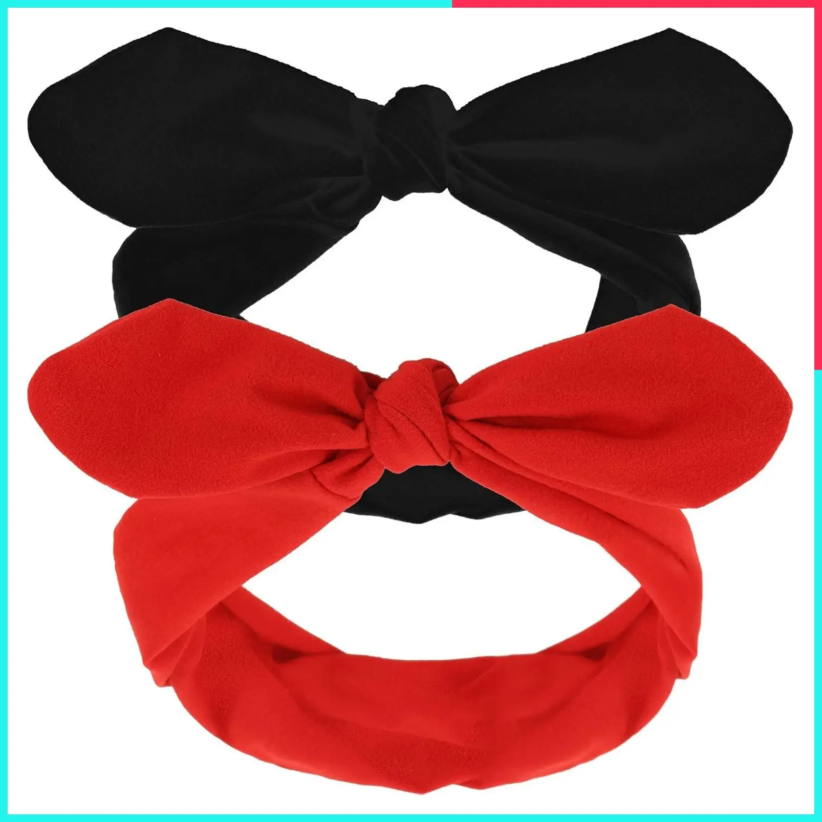 2 Pcs Retro Cute Cotton Wide Headband with Bows - Adjustable Rabbit Ear Hairband for Women, Vintage Halloween Christmas Costume Accessories (Red and Black)