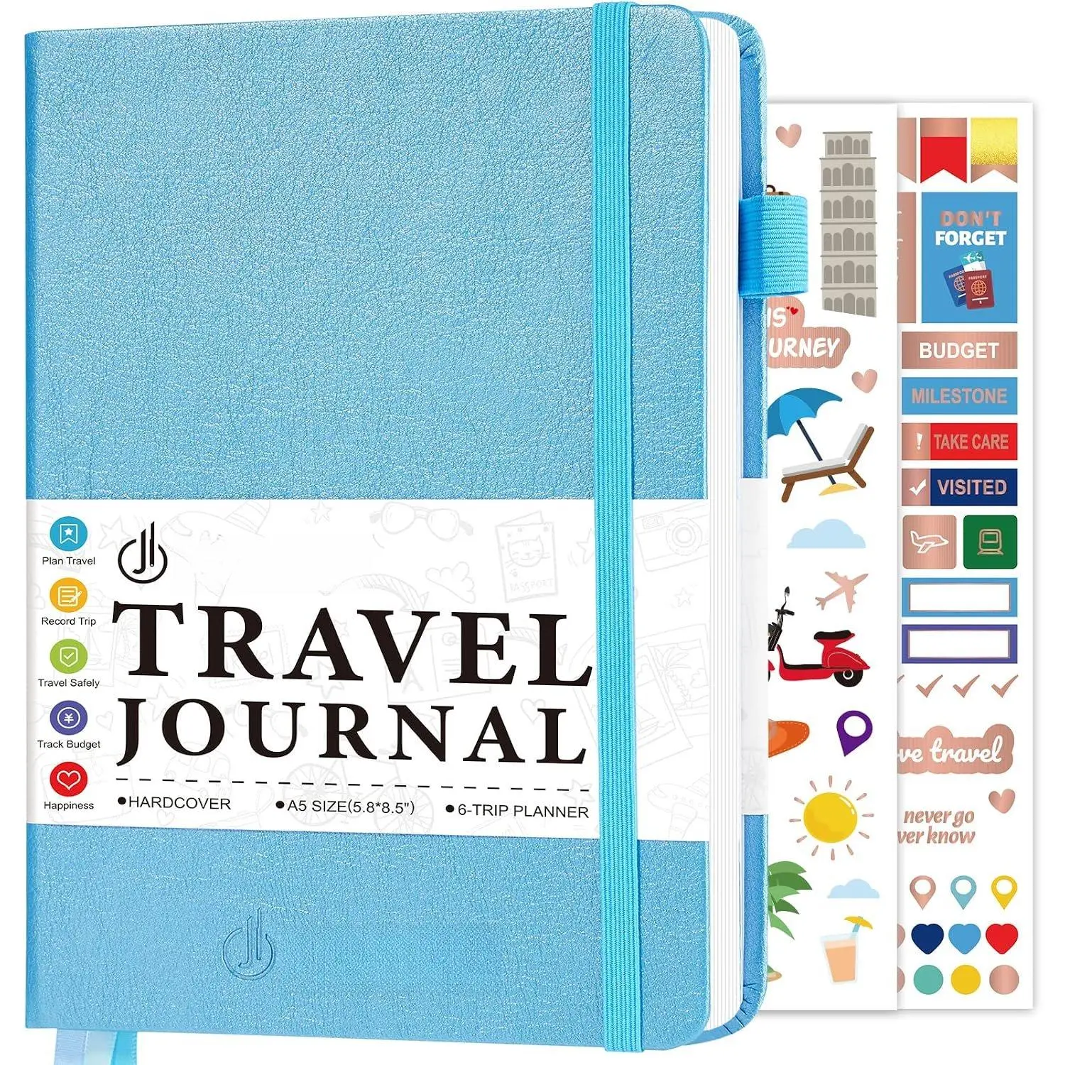 A5 Size PU-Leather Travel Journal Planner with Budget Tracker, Checklist & Stickers for 6 Trips, Trip Planning Notebook, Travel Gift Accessory for Women/Men/Couples (Aquamarine)