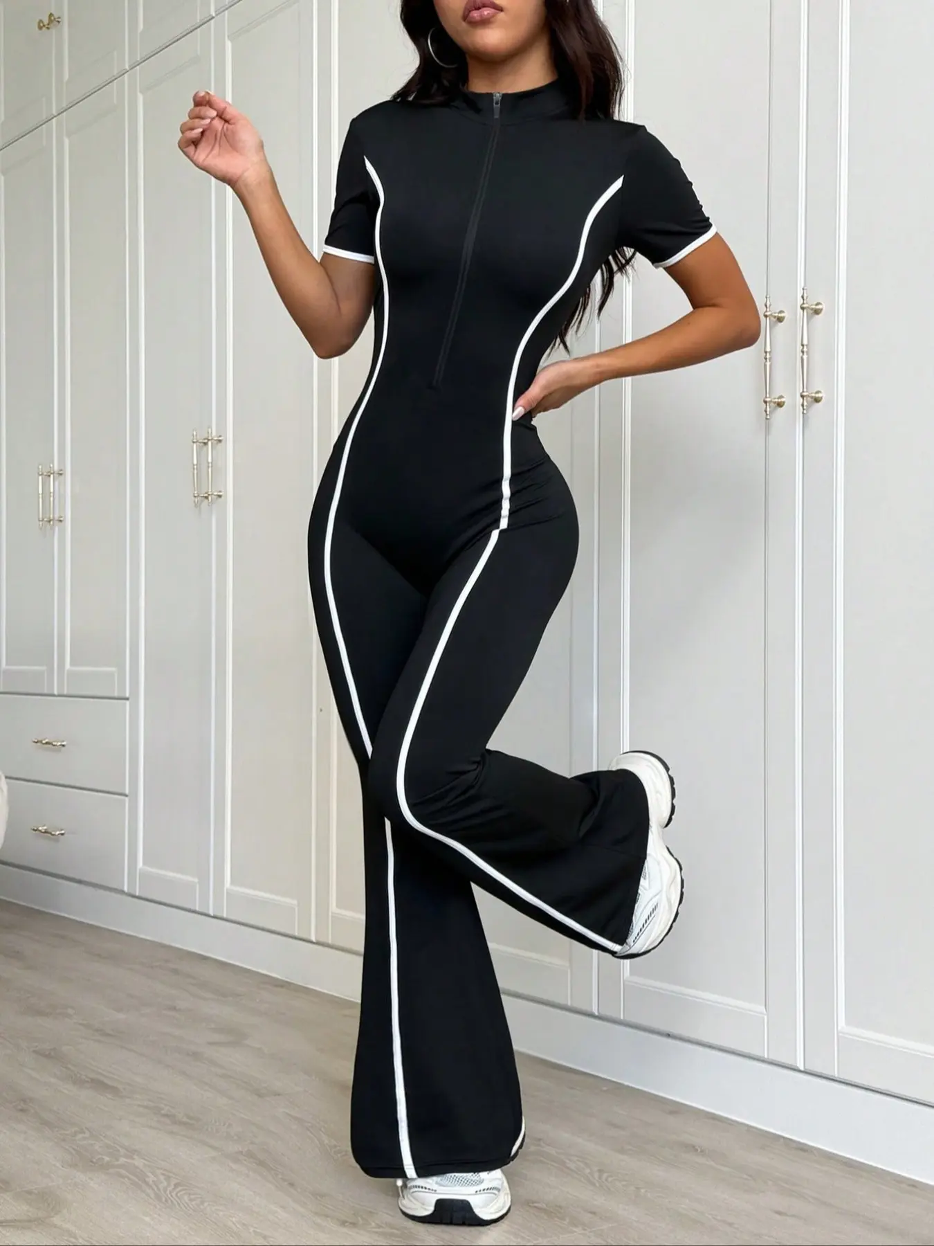 Women's Colorblock Zipper Fall Winter Fleece Lined Knitted Yoga Jumpsuit, Workout Jumpsuits, Sports Jumpsuits, Activewear Jumpsuit, Long Sleeve Slim Fit Casual Fashion Clothes, Front Zip Jumpsuit