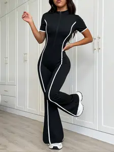 Women's Colorblock Zipper Fall Winter Fleece Lined Knit Yoga Jumpsuit, Workout Jumpsuits, Activewear Jumpsuit, Long Sleeve Slim Fit Casual Fashion Clothes, Front Zip Jumpsuit