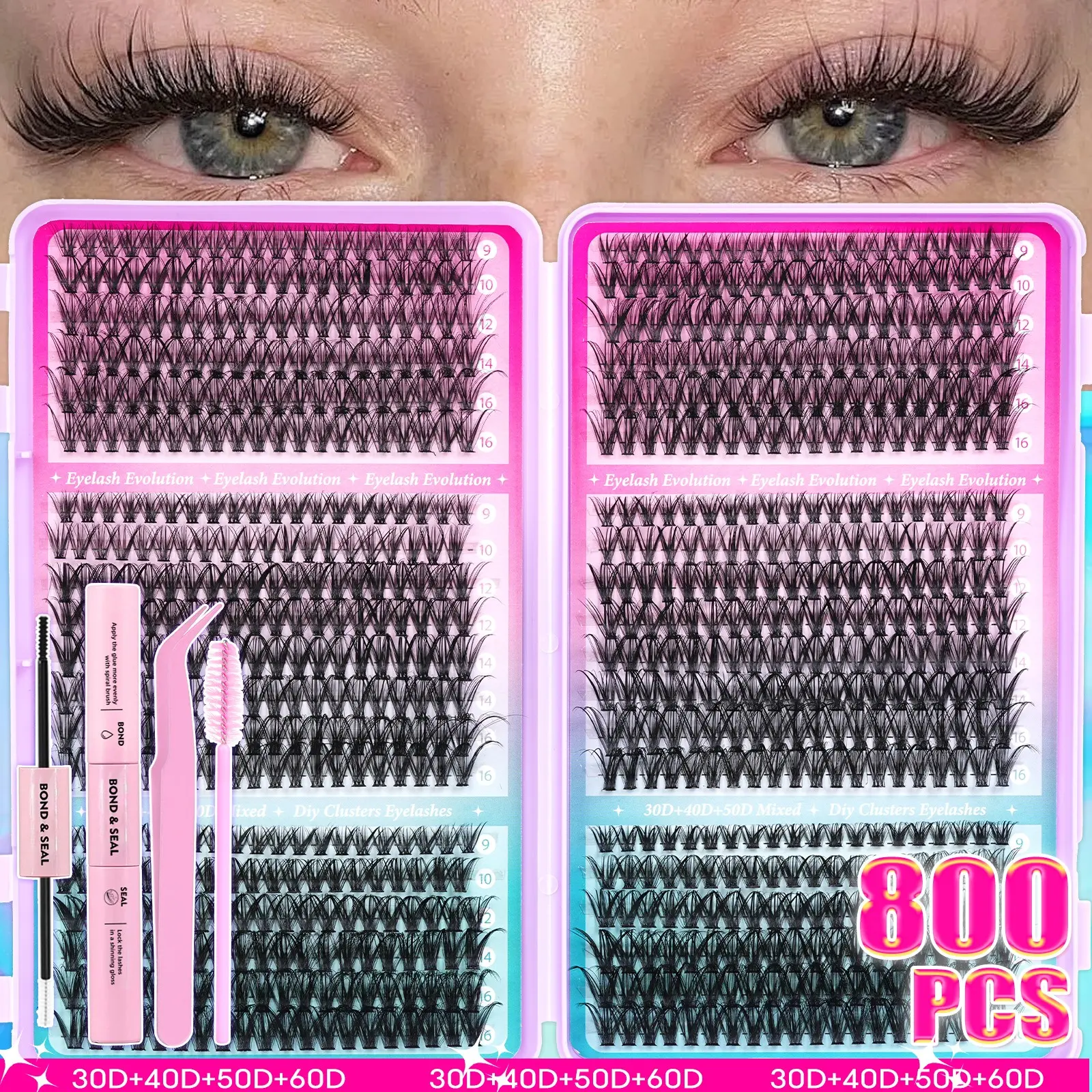 800 Pcs 30/40/50D Comic Eye Eyelash Clusters Set, Multi-Layer Fan Shape, 9-16mm Mixed Length, Natural Big Eyes, DIY Lash Extension Quick Application