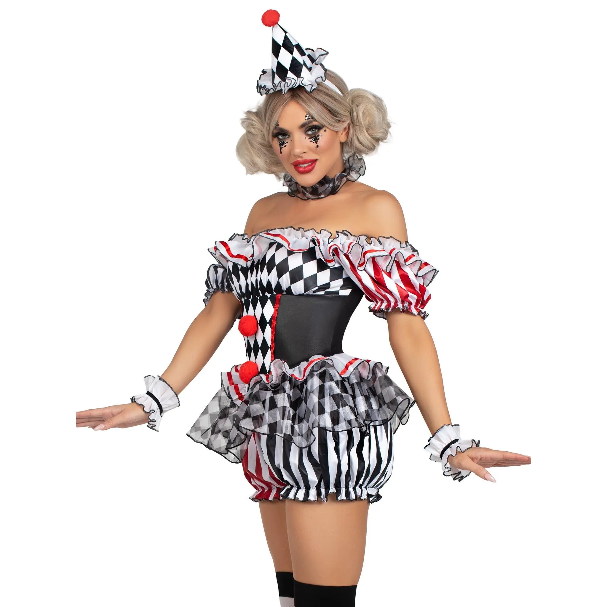 Playful Sexy Y2K Harlequin Flattering Costume Set Off Shoulder Corset Ruffle Shorts Matching Hat Choker Cuffs Thigh High Socks Halloween Party for Women
