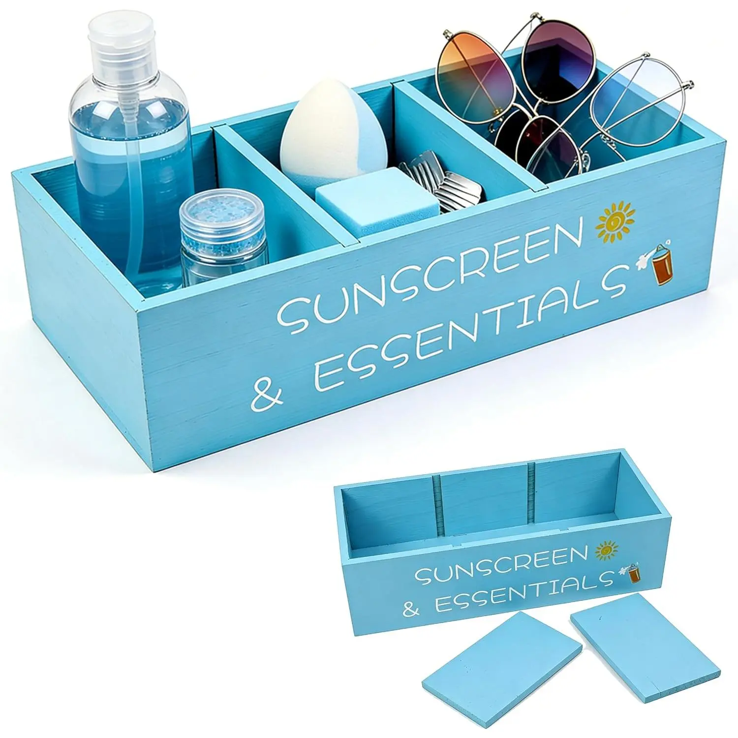 Beach Storage Basket Summer Pool Must Haves Blue 3-Tray Adjustable Beach Wooden Box with Sunscreen Holder Spray Bucket for Beach, Poolside, Sunblock Sunglasses Indoor Outdoor Organizer