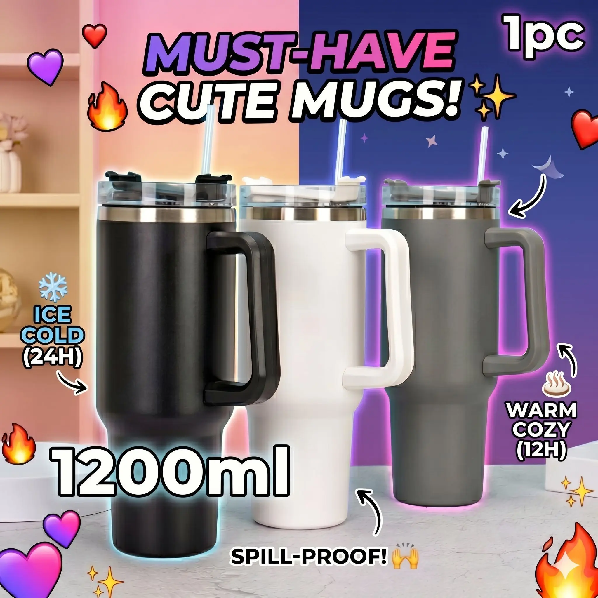 40oz Stainless Steel Vacuum Insulated Cup, Modern Simple Handle Straw Cup, Insulated Tumbler Mug, Fits Car Cup Holder, Ideal for Daily Hydration, Gym, Office, Mug