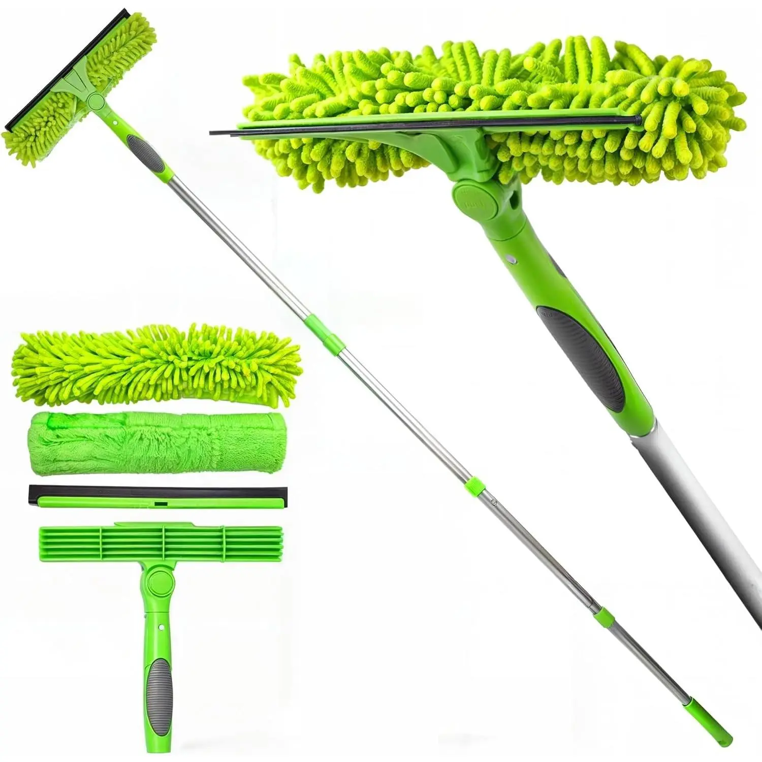 Standard Professional Window Squeegee for Window Cleaning, 2 in 1 Rotatable Window Cleaning Squeegee Kit with Extension Pole, 62” Window Cleaning Tool for Indoor/Outdoor High Windows, Home, Car