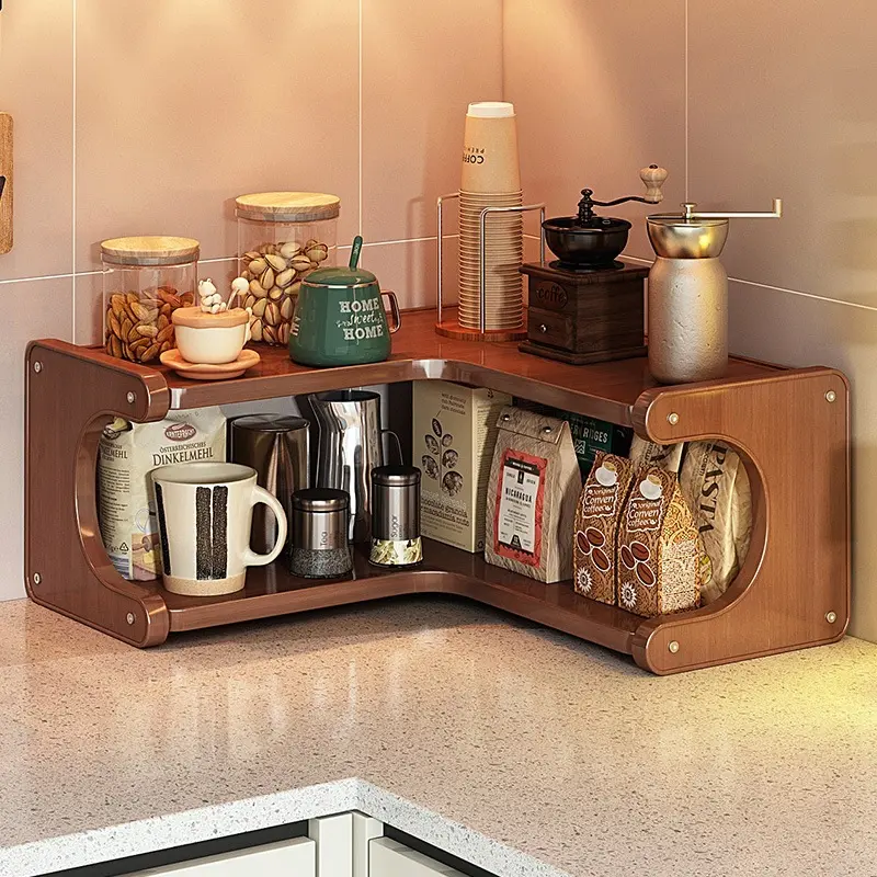 Solid Wood 2-Tier Corner Cup Rack, Multifunctional Home Organiser, Multi-Layer Vertical Shelving & Storage for Kitchen Countertop, Office Use