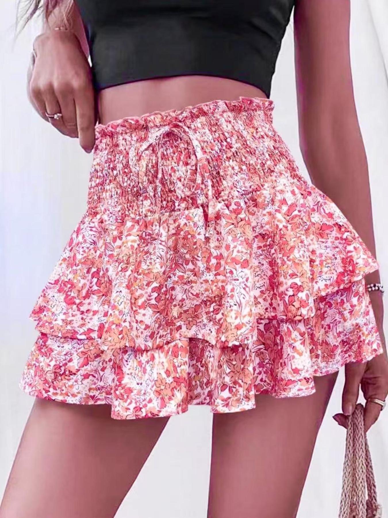 Women's Floral Print Woven Frill Trim Shirred Tiered Layer Shorts, Casual Loose High Waist Tie Front Drawstring Wide Leg Shorts for Spring & Fall, Women's Bottoms for Daily Wear
