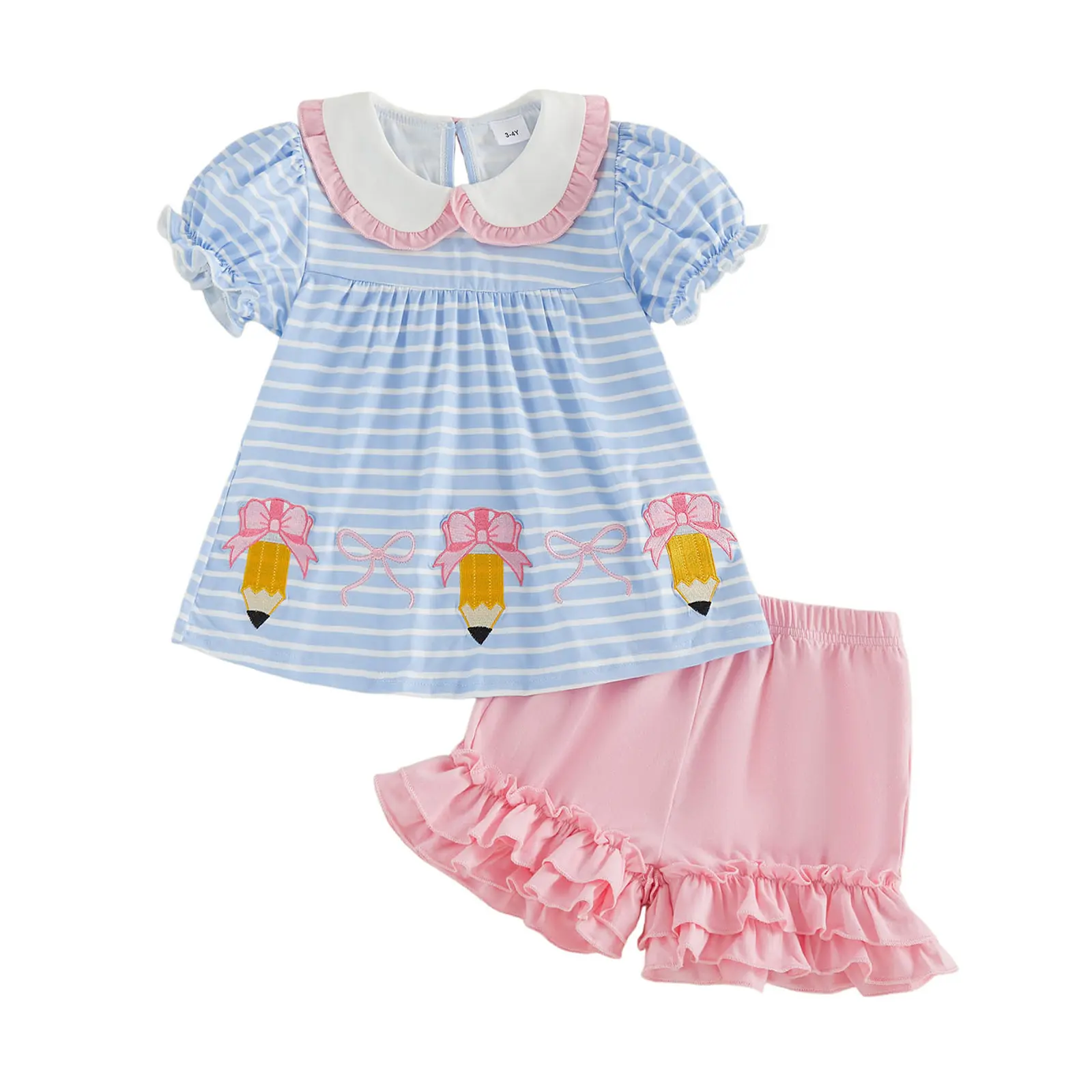 Toddler Baby Girls Back to School 2Pcs Outfit Peter Pan Collar Pencil Bow Embroidery Short Sleeve Striped Dress Tops Ruffle Shorts Preschool Clothes