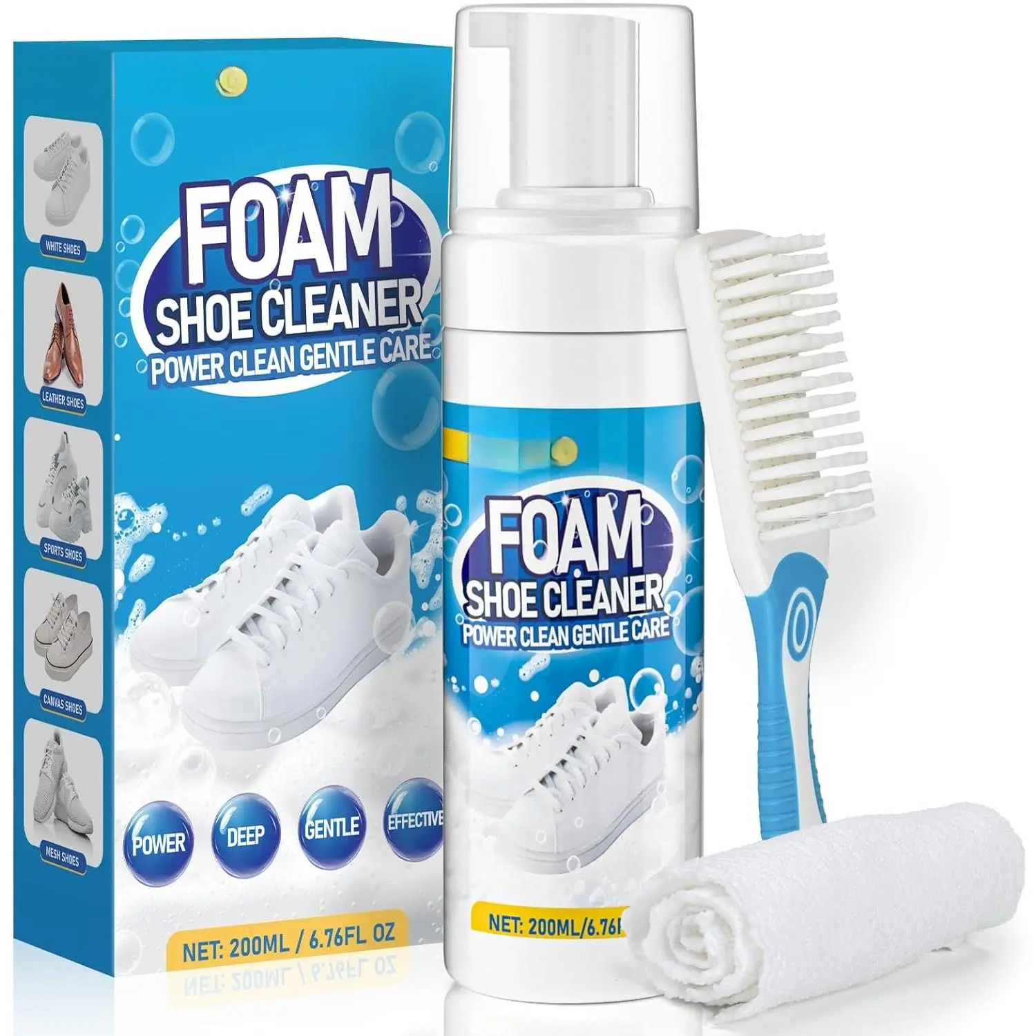 Shoe Cleaner, 6.76 fl oz Shoe Cleaning Kit with Brush and Towel, White Sneaker Cleaner for Removing Stains