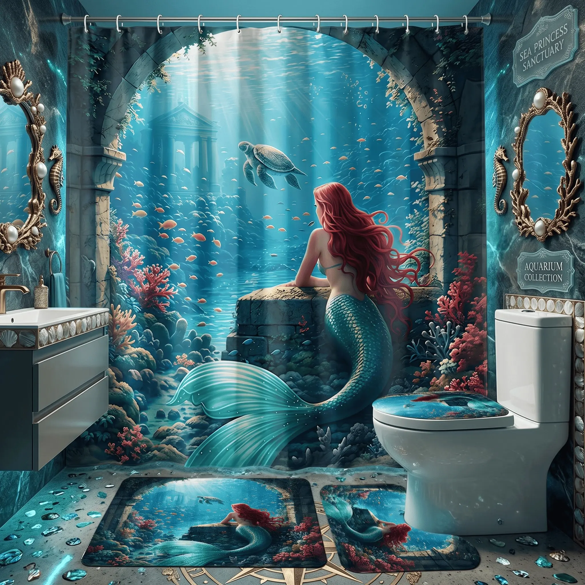 4pcs Mythical Sea Mermaid Shower Curtain Set, with Non-Slip Rugs, The floor mat fabric is thicker and softer! Underwater Palace Theme, Elegant Bathroom Accessory