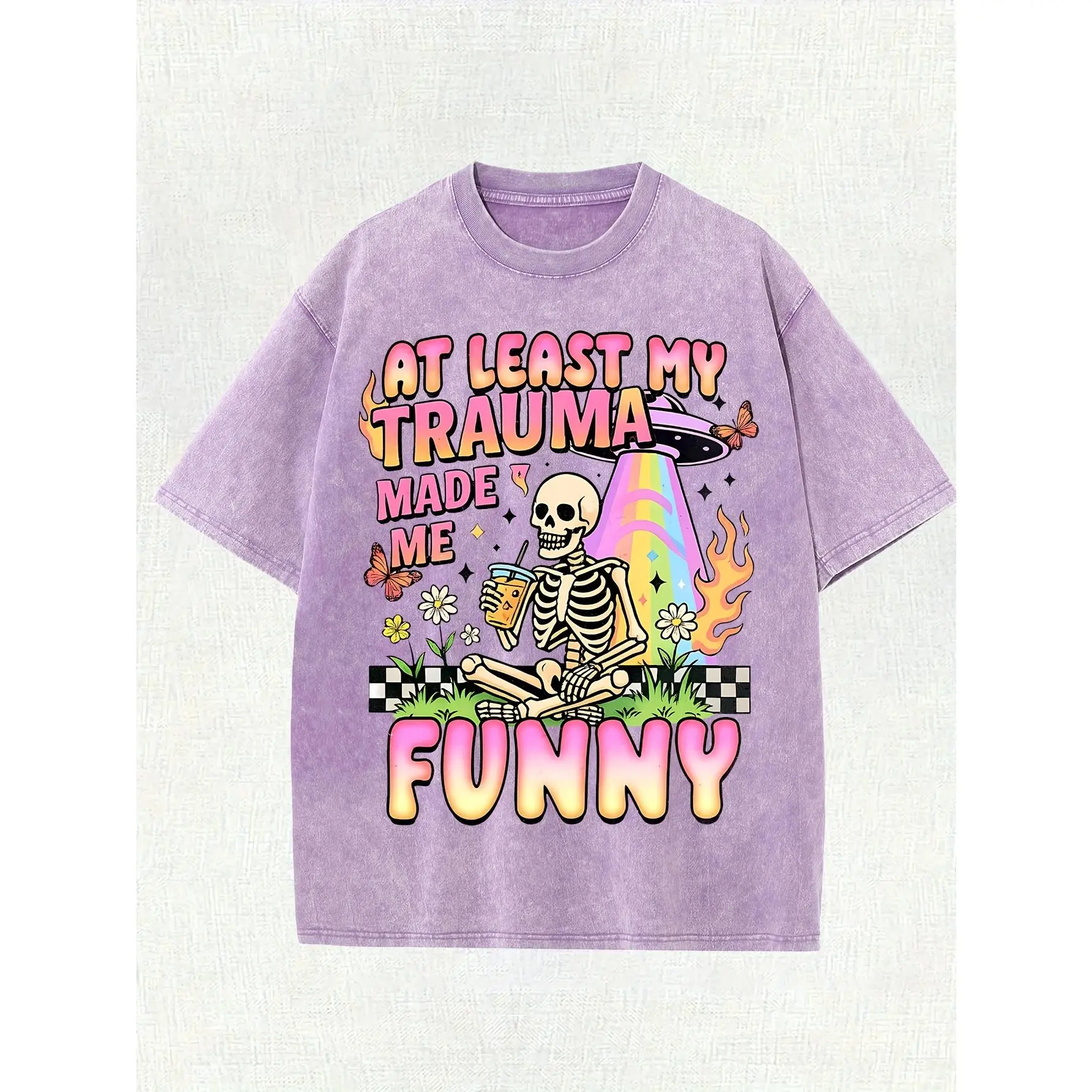 At Least My Trauma Made Me Funny Graphic Tee Vintage Washed Cotton Tshirt Skeleton Iced Coffee UFO Rainbow Humorous Sarcastic Meme Oversized T Shirt Women Short Sleeve Crewneck Top Aesthetic Gift Men Loose Top