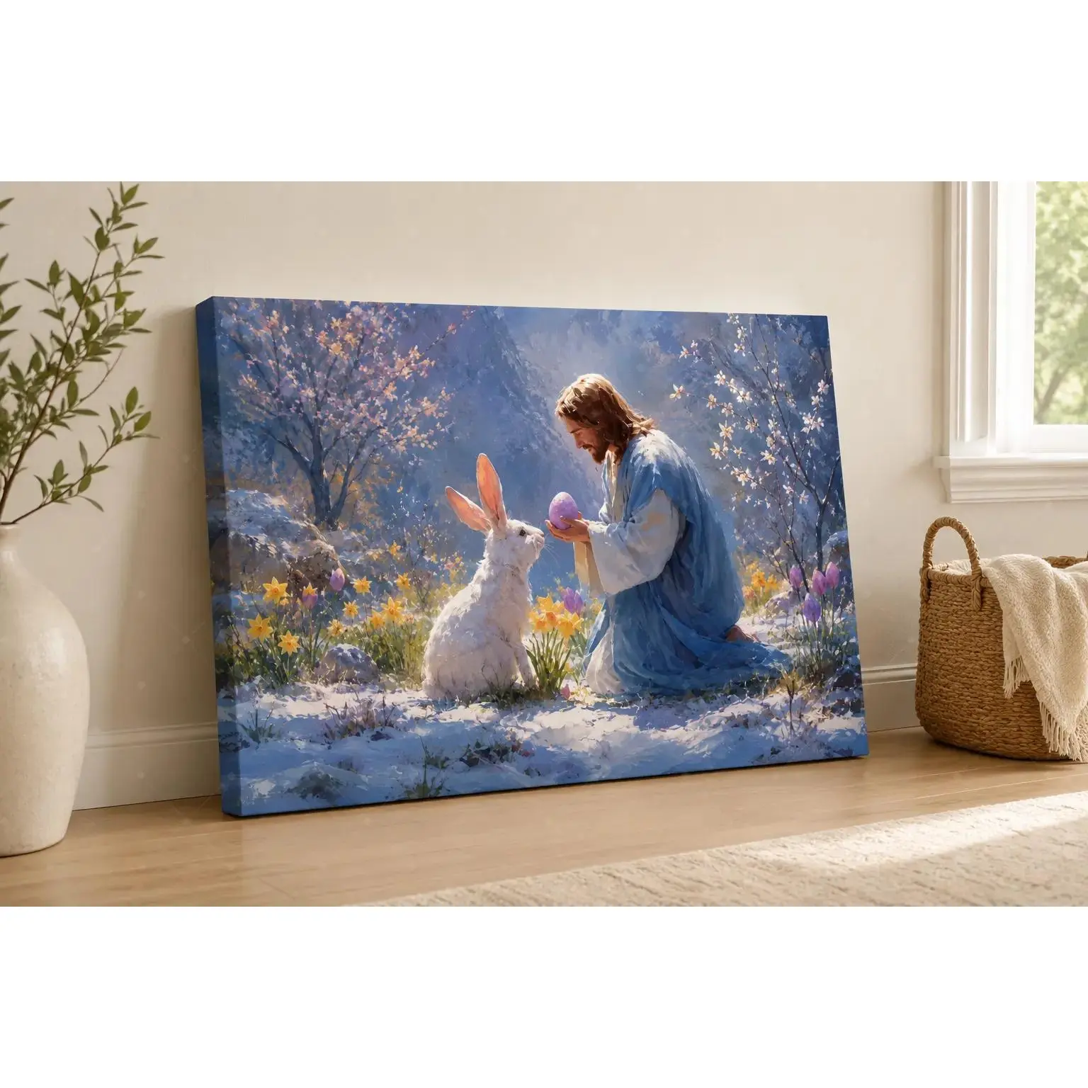 Easter Religious Gentle Scene Oil Painting Canvas Art poster wall decor, Faith Rabbit Easter Wall Decor Living Room Prayer Room Christian Warm Home Decor