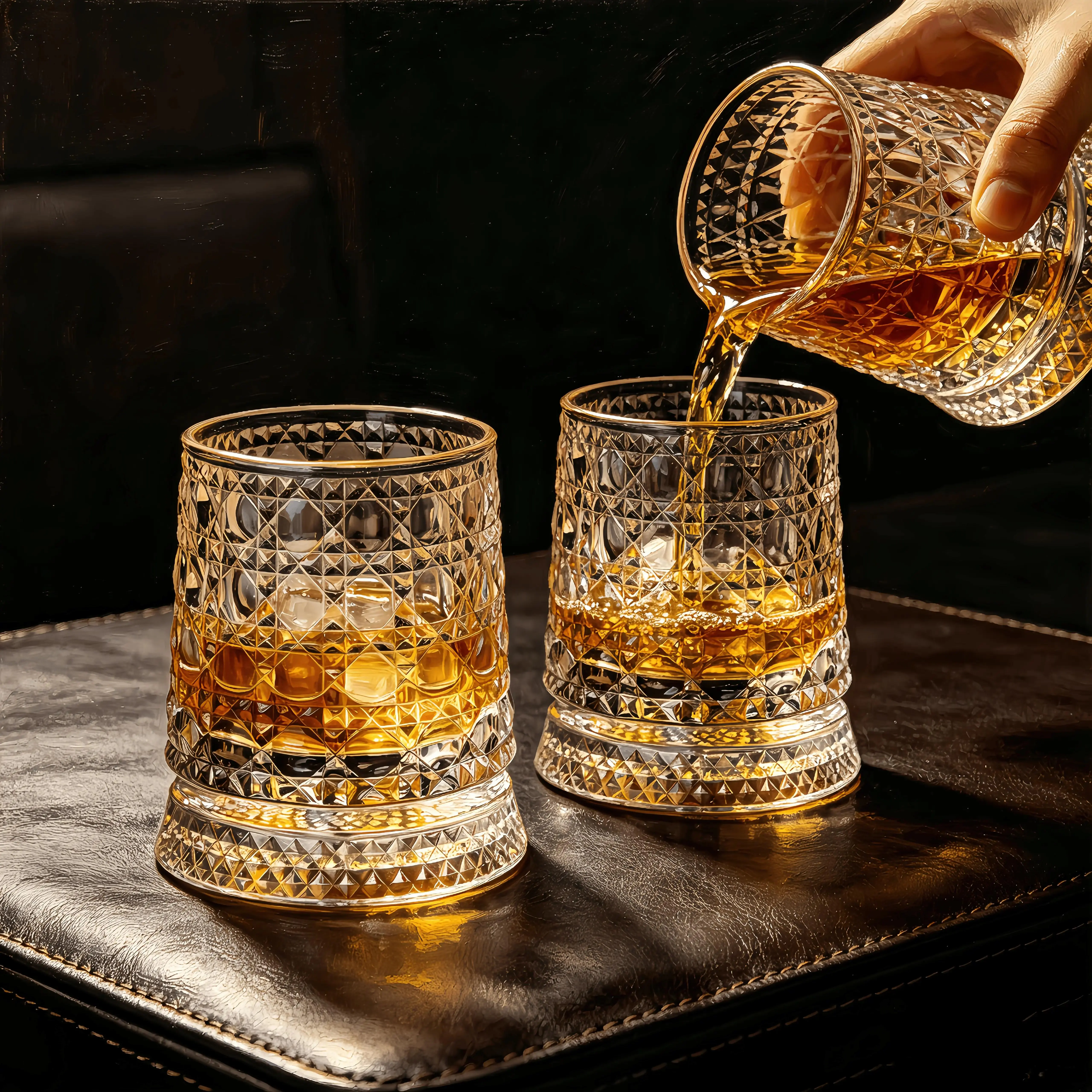 Luxury 360° Rotating Argyle Crystal Glass Tumbler - Durable, Built-in LED Lighting, Indoor Ceremony Use, Premium Gift for Bar Enthusiasts, Business Event Spinning Cup with Crystals, Bonfire