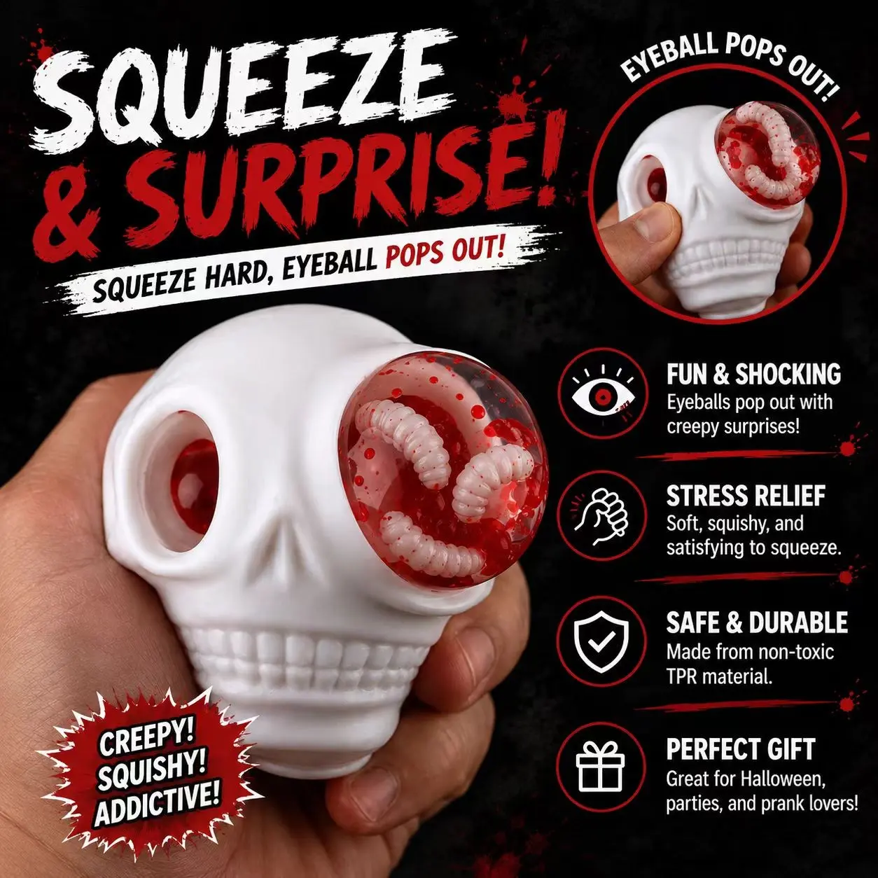 Skull Head Soft Gel Squeeze Bug Prank Toy, Fun Stress Relief Fidget Toy, Perfect for Kids and Adults, Unique and Interactive Plaything