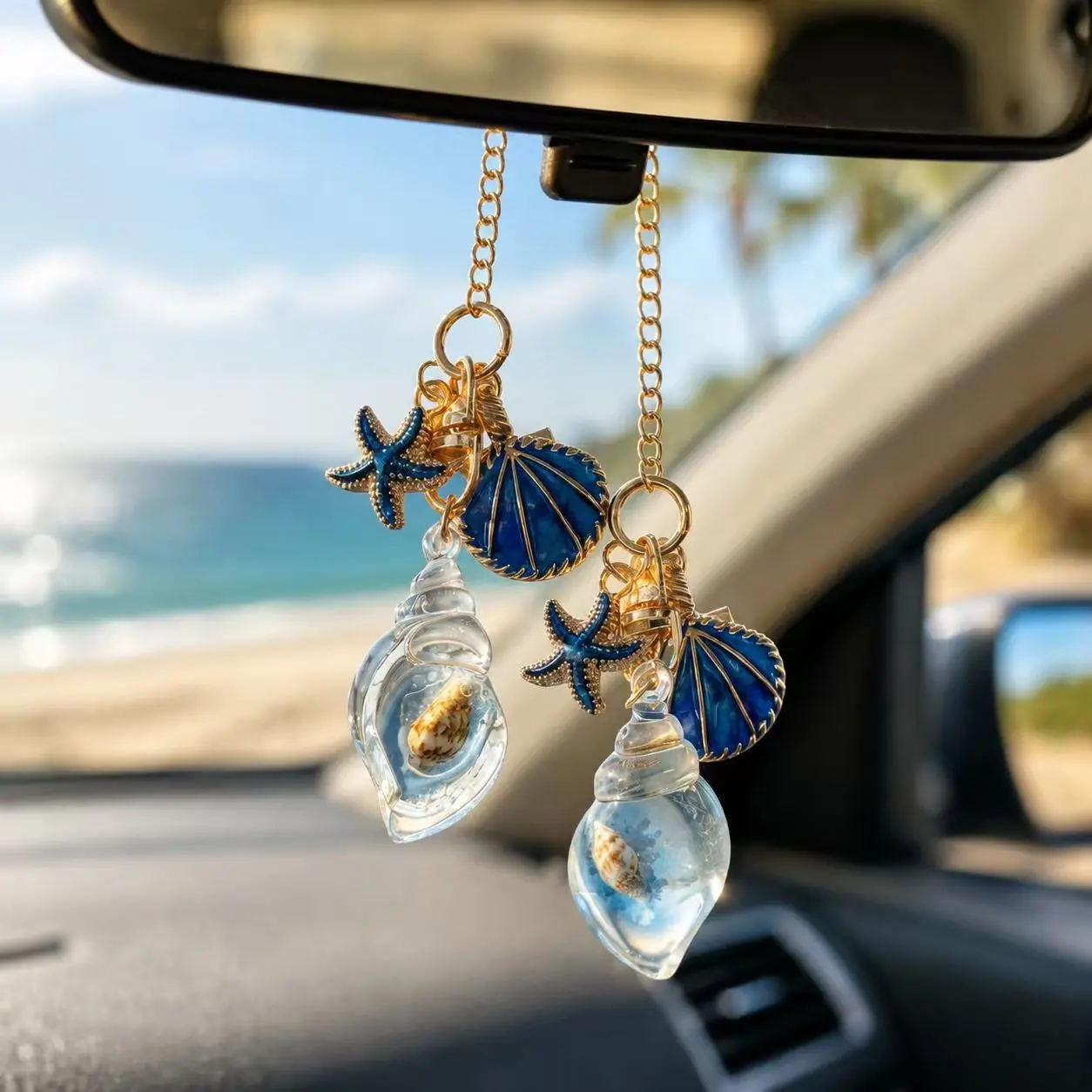 Car Rearview Mirror Ornament, Alloy Chain with Artificial Pearl Shell, Bohemian Beach Theme, Seashell Pendant, Fashionable Accessory