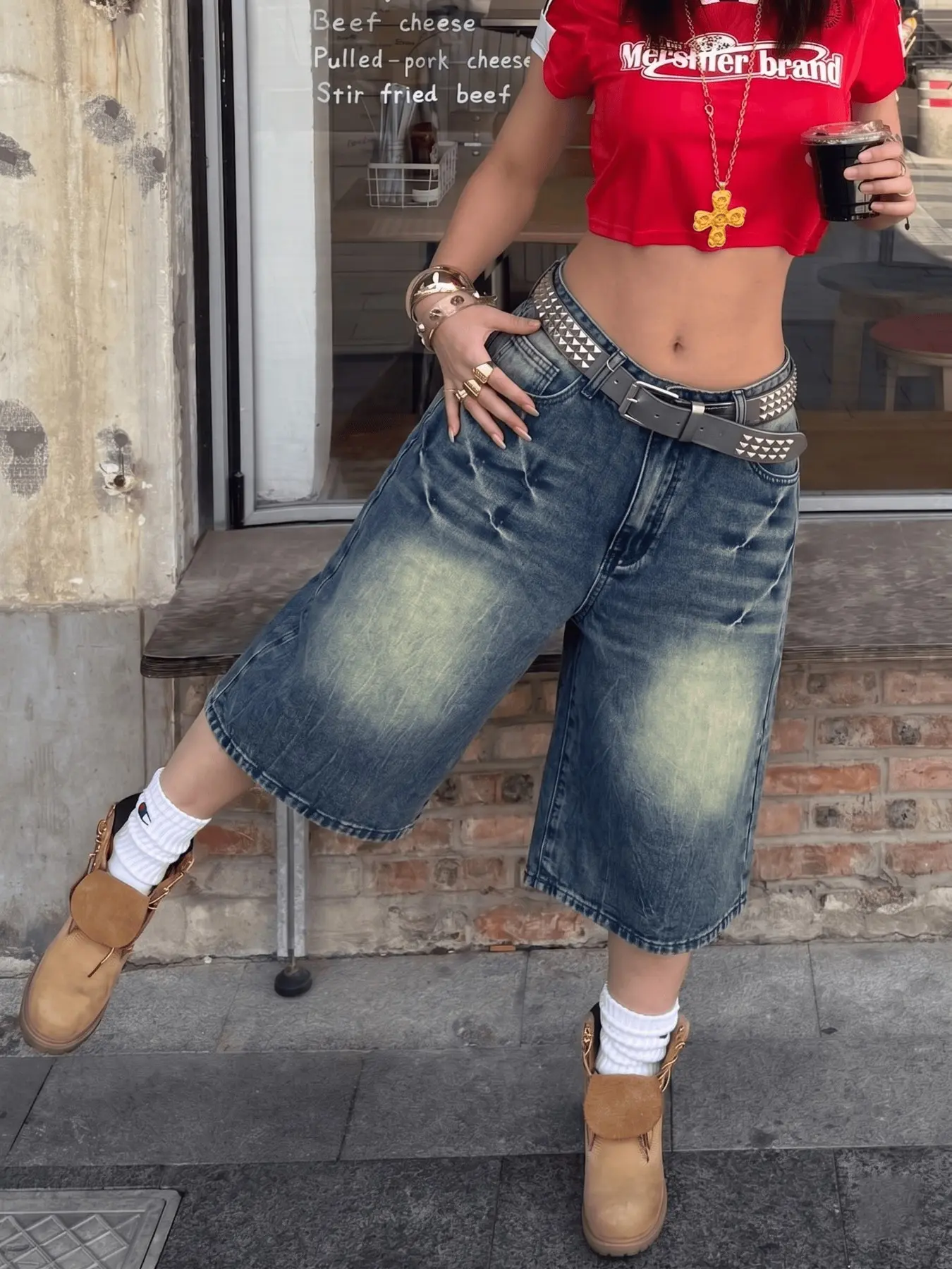 Women's Vintage Loose Fit Oversize Denim Jeans Bottoms Capri Pants, Wide Leg Six-Quarter Length, Retro Washed Cat Hair, Casual Streetwear, Spring & Fall