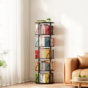 5 Tier Rotating Bookshelf Tower, 360 Display Stackable Spinning Bookcase, Space Saving Revolving Round Book Shelf, Floor Standing Swivel Corner Organizer, Black