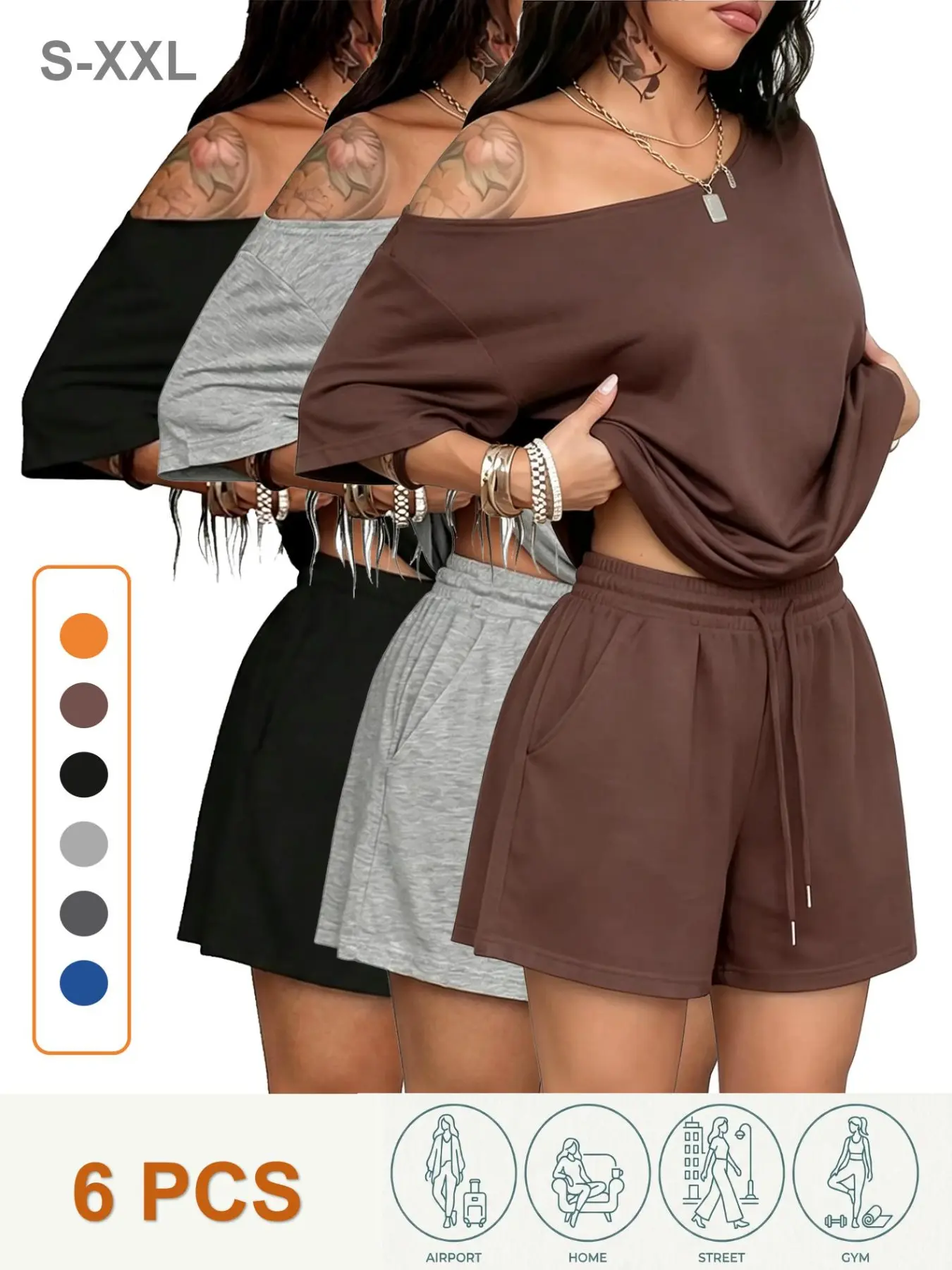 Women's Minimal Basic Two Piece Outfits, Off Shoulder Soft T-Shirt & Casual Shorts Set, Comfort Daily Going Out Sport Wear, Trendy Summer Fashion Loungewear for Ladies