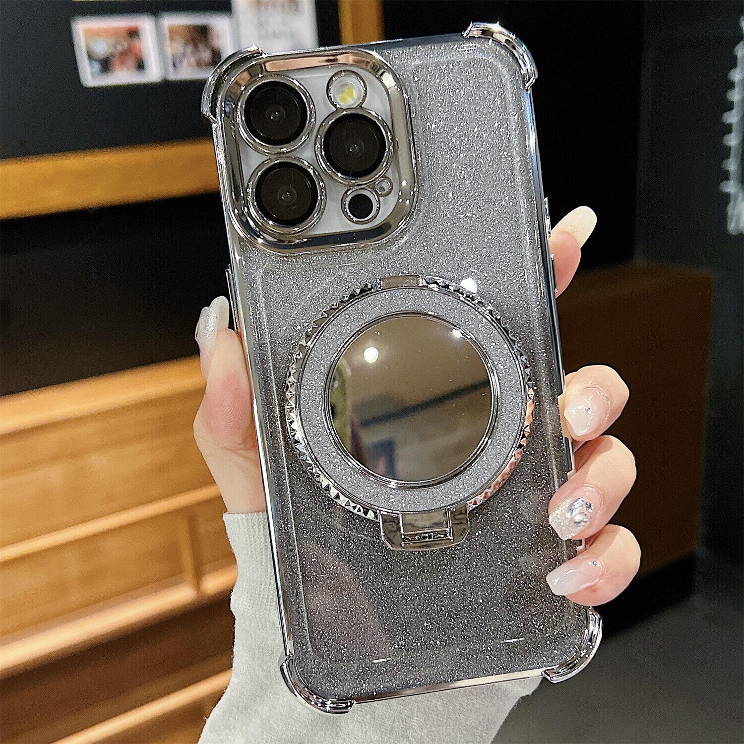 OREKROY Mirror Bling Case Ring Kickstand MagSafe Cover For iPhone 16 Pro Max 15 14 13 12,Anti-fall Shockproof Bling-bling twinkle Phone Cover,Phone Accessories