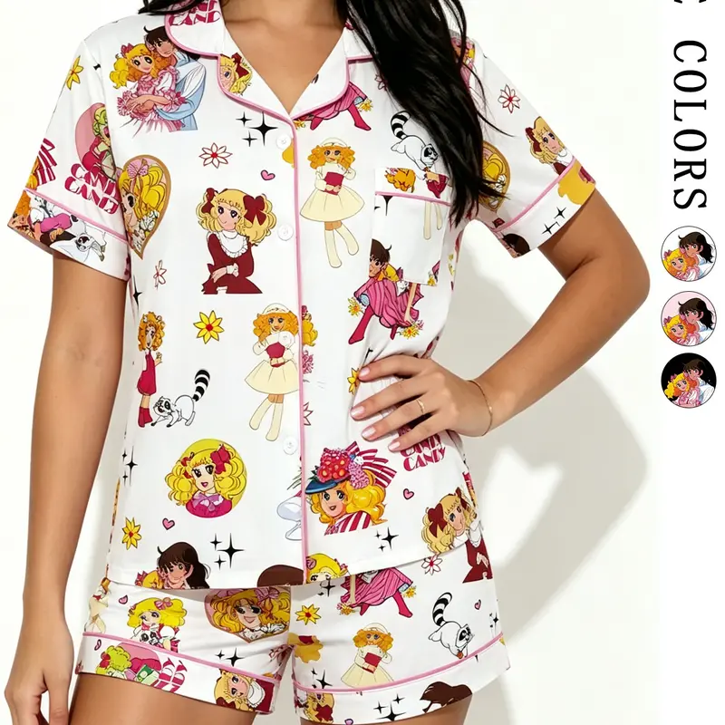 Teenage Anime Girl Pajama Set, Soft Breathable Short Sleeve Top & Elastic Waist Shorts, Cute Retro Style, Perfect for Sleepwear, Loungewear & Gifts, Print Sleepwear