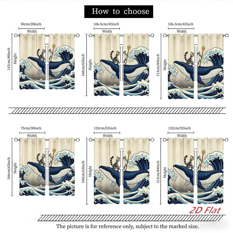 2Pcs Japanese Style Cat Whale Wave Pattern Sun Blocking Curtains Digital Printed Rod Pocket for Bedroom Office Kitchen Living Room Study Home Decor Soft Light Filter Easy Installation