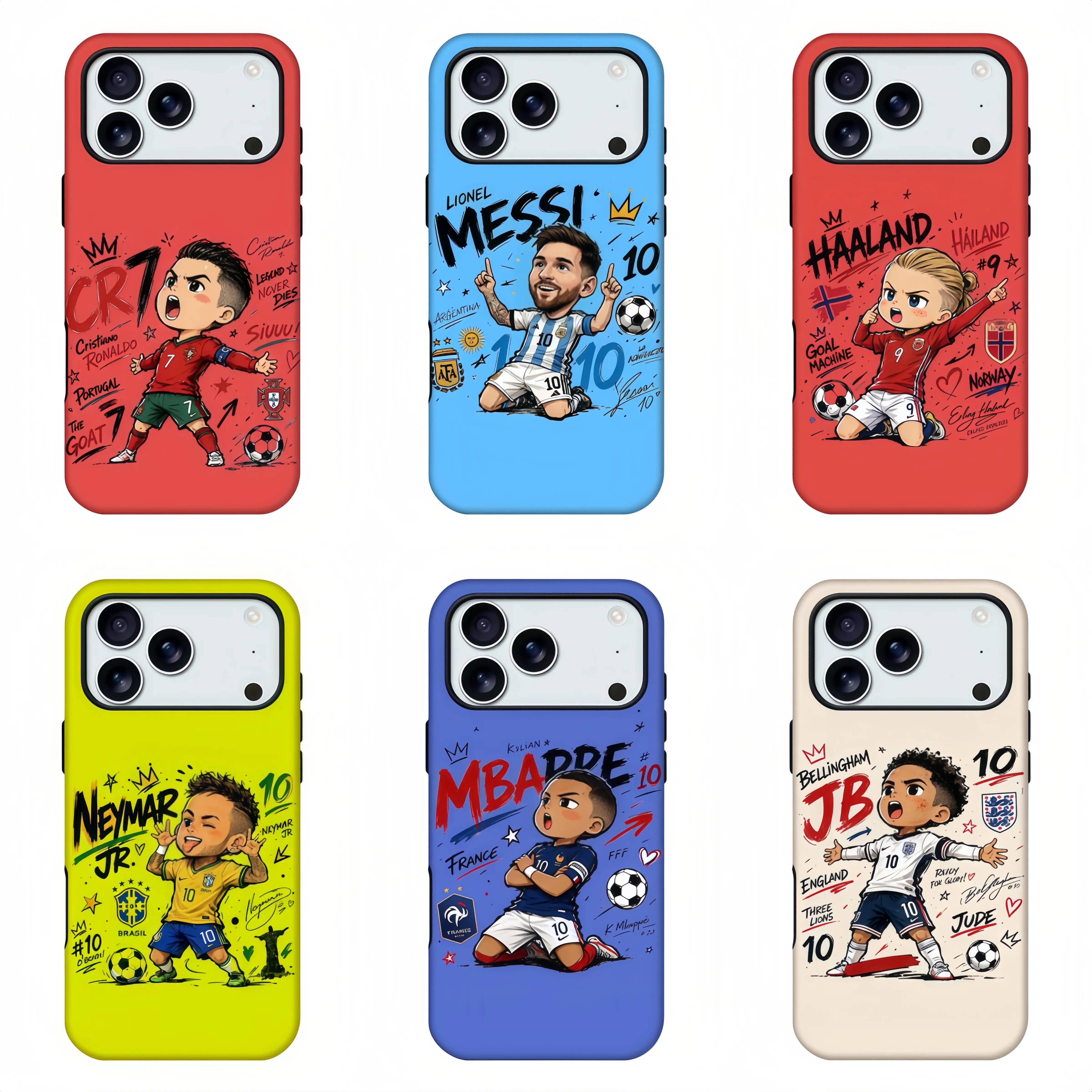 Cartoon Soccer Star Phone Case, Soccer Star Phone Case,CR7 Messi Haaland Mbappe Neymar Bellingham Cute Q Version Football Player shockproof Protective Cover For iPhone11 12 13 14 15 16 17 pro max and Samsung.Perfect gift